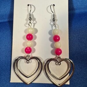 Heart Drop Earrings with Pink and Cream Beads